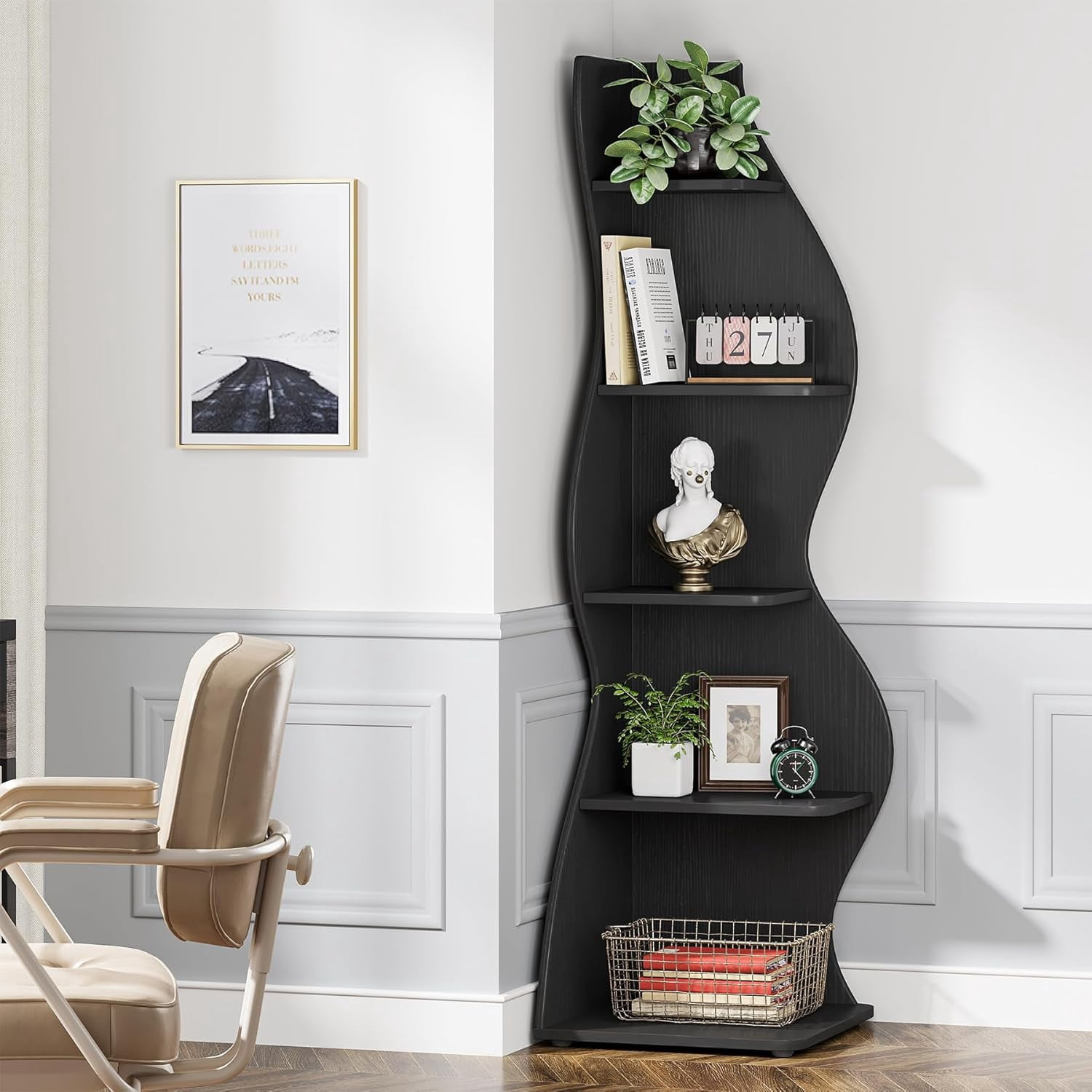Tribesigns Corner Shelf, Modern 5-Tier Wall Corner Bookshelf, Stylish Corner Small Bookcase Storage Rack Plant Stand with Unique Shape for Living Room, Home Office, (Black)