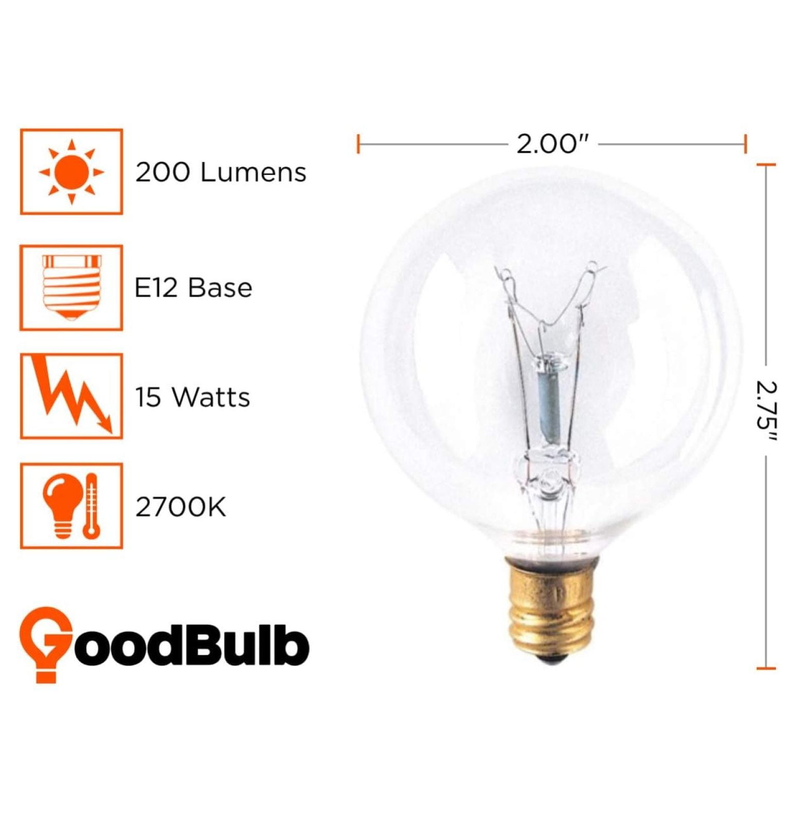 HeSLehs 15 Watt G16 Globe Incandescent Light Bulbs | Clear Finish Candelabra E12 Base 2700K Soft White Light Color | Dimmable 15W 200 Lumens | Pack of 10 Bulbs