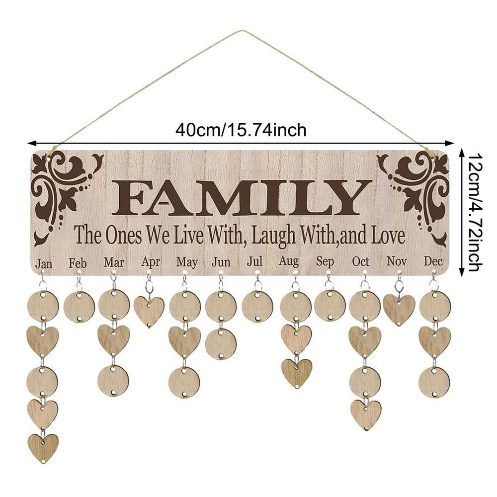 Family and Friends Birthday Hanging Calendar DIY Family Birthday Reminder Board with Tags Hearts Wooden Celebration Organizer Plaque Unique Gift for Grandparent Mom Home Classroom Office Decoration