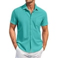 thumbnail image 2 of Huresd Men's Wrinkle Free Untucked Cuban Shirt Business Casual Button Down Shirts Short Sleeve Solid Color Shirt Turquoise 3XL, 2 of 5