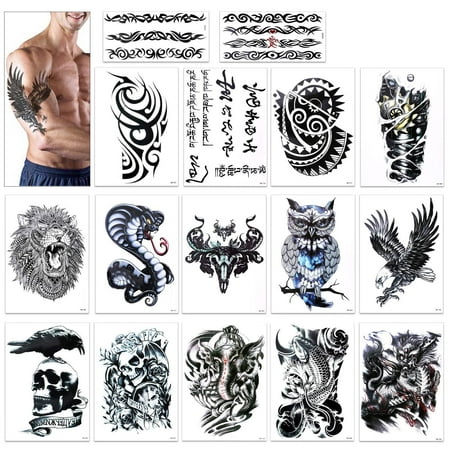 Temporary Tattoo for Guys for Man - Konsait Extra Fake Temporary Tattoo Black tattoo Body Stickers Arm Shoulder Chest & Back Make Up - Lion, Dead Skull,Koi Fish, Eagle Hawks Tribal (Best Forearm Tattoos For Guys)