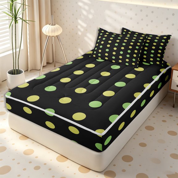 Erosebridal Dark Contrast Green Dot Grid Zipper Twin Comforter Sets with Fitted Sheet and 2 Pillowcases,Two-Tone Round Zipper Bedding Set,Lime Olive Black,4-Piece,Black Reversible