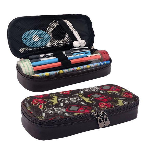 Picia Vintage Gaming Pattern Large Capacity PU Leather Pencil Case Organizer Pen Marker Holder Double Zipper Storage Bag Big Pencil Pouch for College Office