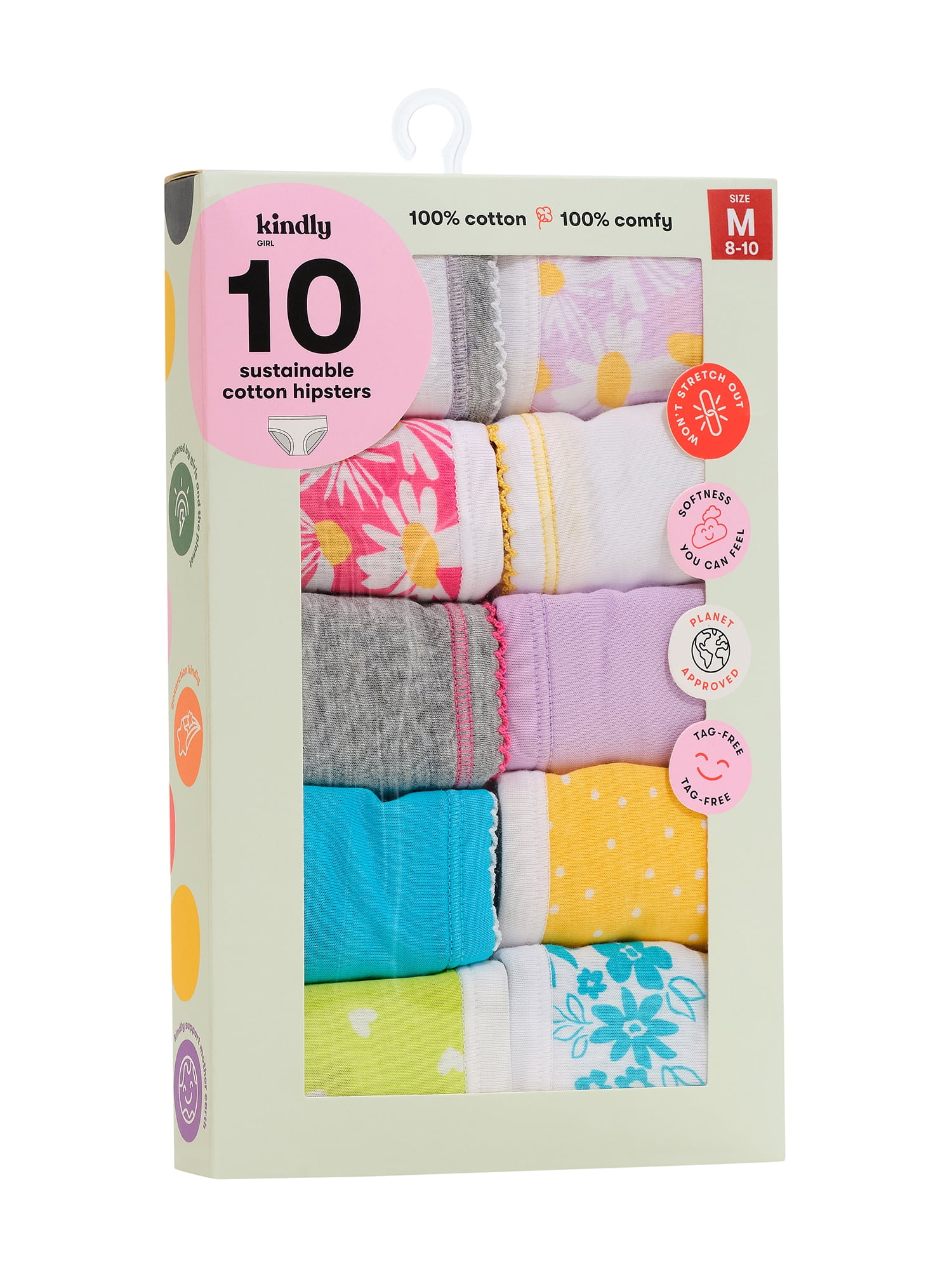 Kindly Yours Girl’s Cotton Hipster Underwear, 10-Pack, Sizes S-XL