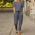thumbnail image 2 of wo-fusoul Women 2 Piece Set 2 Piece Outfits for Women Summer Cotton Linen Plus Size Short Sleeve Tops Belted Long Pants Jogger Sets Gray 3XL, 2 of 4