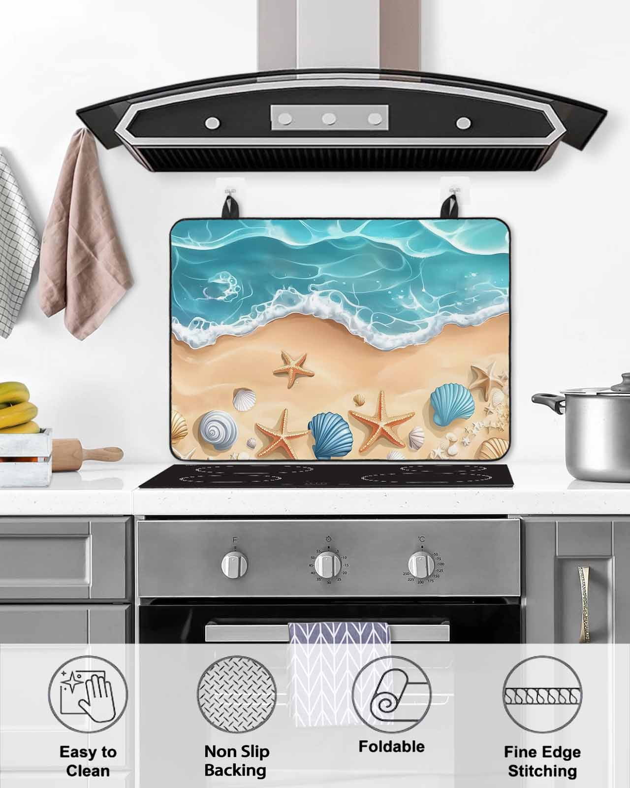nqOlkjepod Large Induction Cooktop Protector Mat 24"x21", Geometric Coastal Stove Top Covers for Electric Stove, Cartoon Starfish Shell Sea Waves Stove Burner Cover Mats, Glass Top Stove Cover