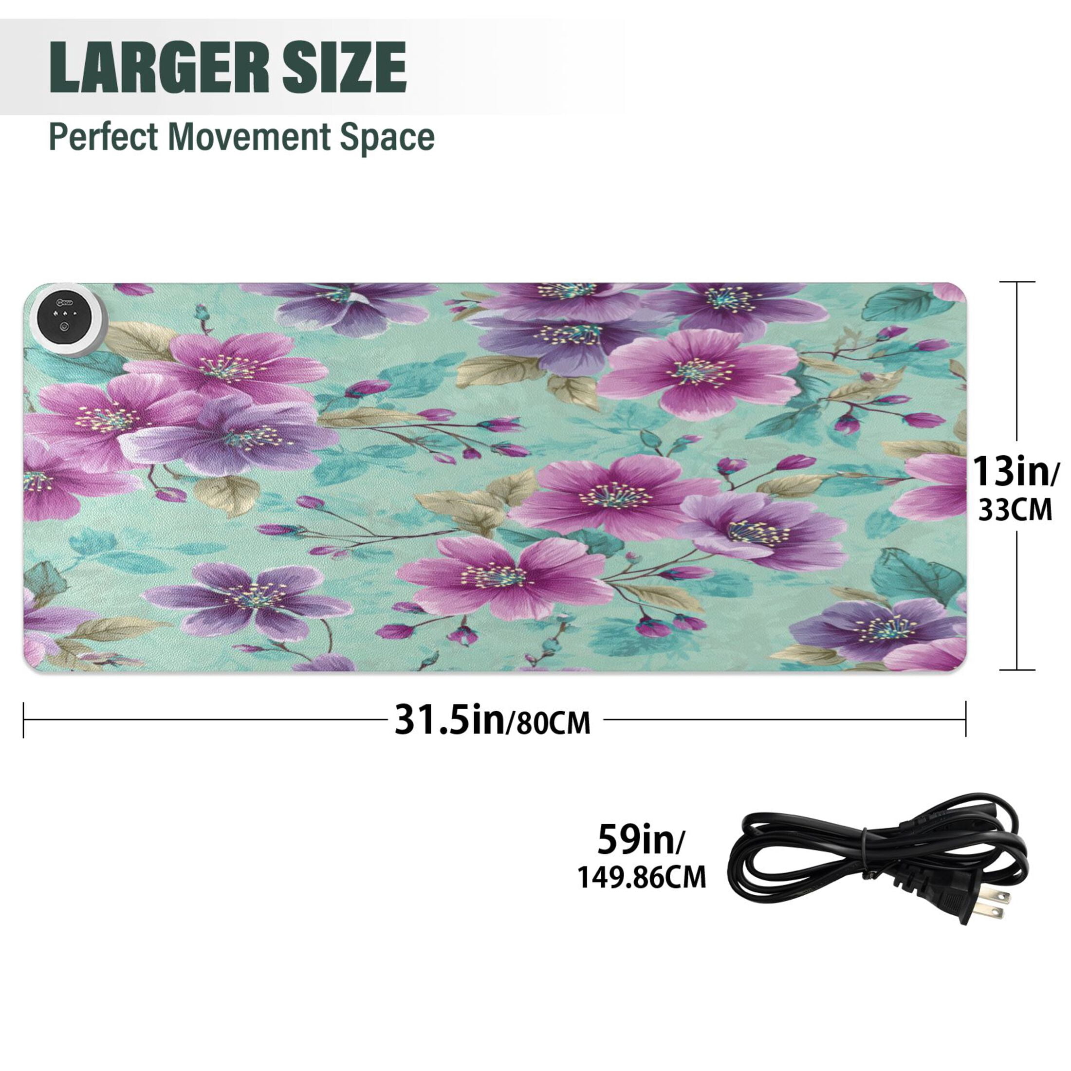 Large Heated Desk Mat Mouse Pad 31.5"x13"PU Leather Graphene Heating Desk Warmer with 3 Temperature Settings 110V US Plug Non-Slip Warm Pad for Home, Office, and Gaming Teal Purple Floral Print