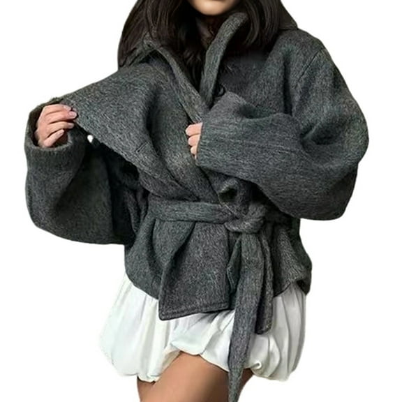 Womens Wool Blend Pea Coat Lapel Double Breasted Winter Loose Short Button Belt Outerwear Jacket Dark Gray L