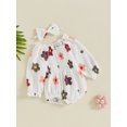 thumbnail image 3 of Musuos 2-Piece Baby Girls Sping Fall Set 0-18M Long Sleeve Floral Print Smocked Ruffled Romper Bow Headband Adorable Outfits, 3 of 8