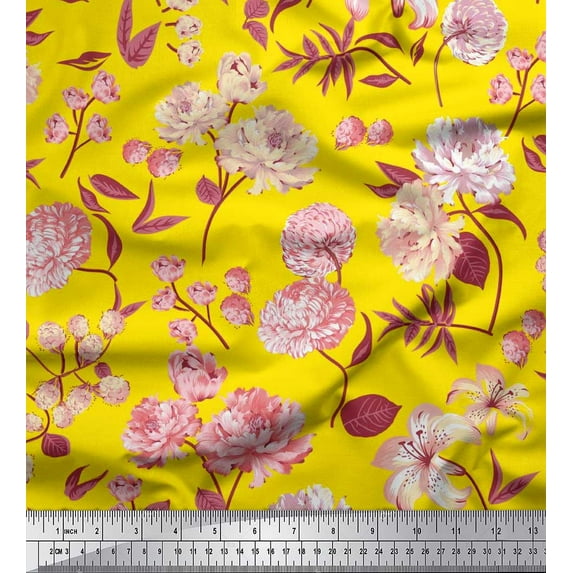 Soimoi Yellow Cotton Voile Fabric Leaves & Artistic Floral Print Fabric by Yard 56 Inch Wide