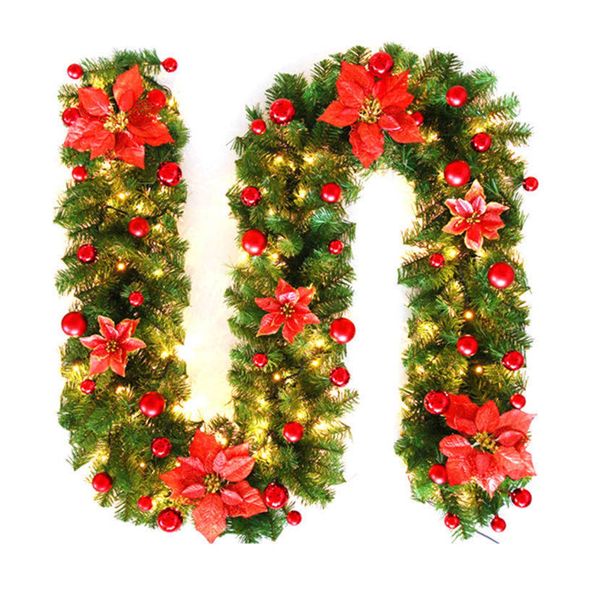 9FT Pre Lit Christmas Garland with Lights Door Wreath Xmas Fireplace DIY Decor 