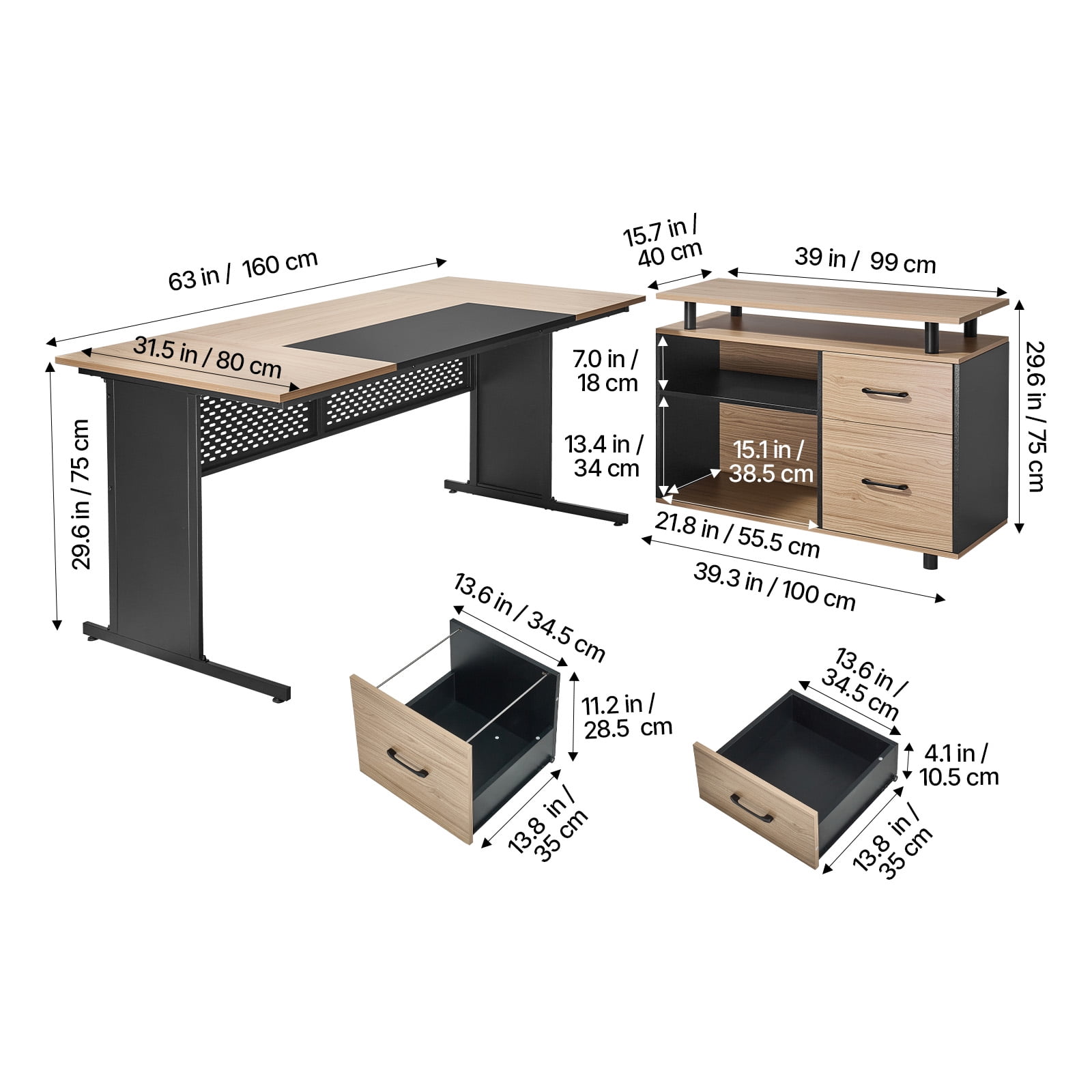 VEVOR L-Shaped Executive Desk, Modern Reversible Office Table with Drawers & Storage Cabinet, Heavy Duty Large Wooden Executive Table, 350 LBS Load Capacity, Easy Assembly, for Work Study Writing