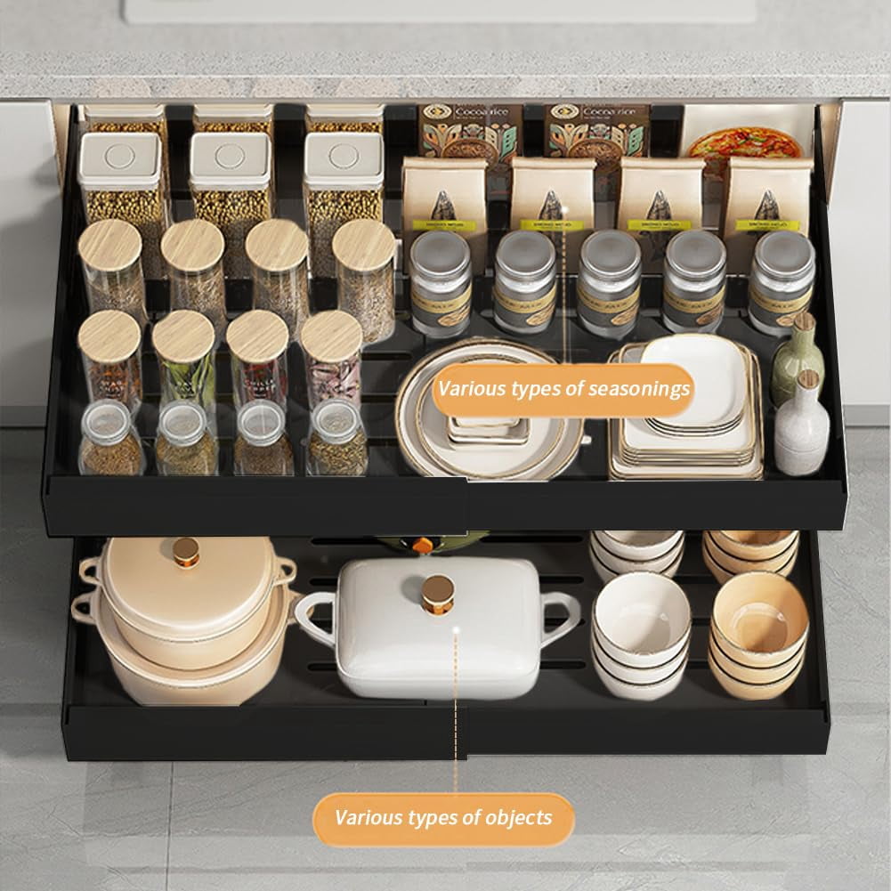 Expandable Pull Out Drawer, 16.5" Cabinet Organizer Slide Out Shelf with Adhesive, Heavy Duty Steel Kitchen Pantry Storage Basket for Spices Cans, Adjustable Width 17"-26.7"