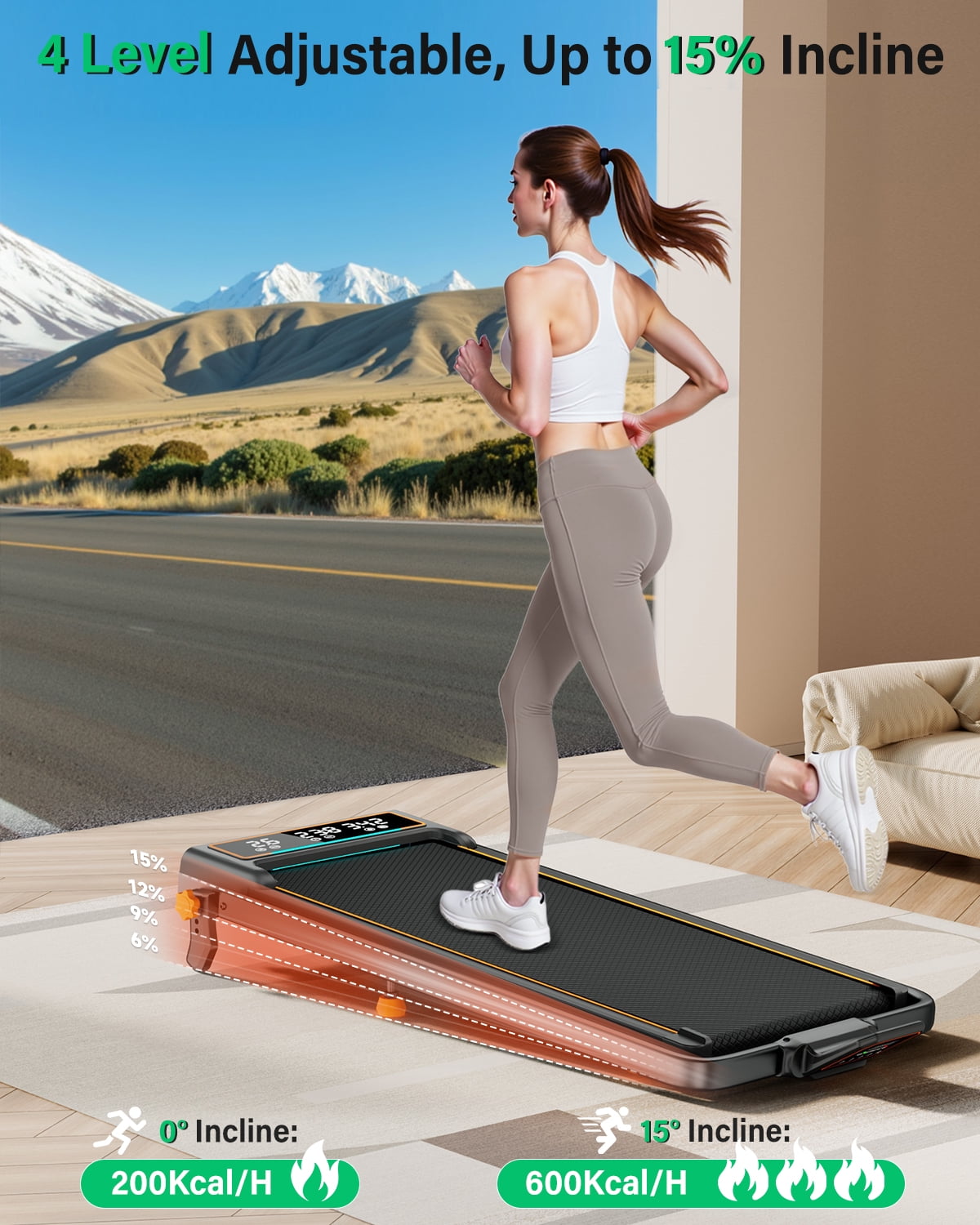Walking Pad with 15% Incline//Handle Bar/Dual Display, 3.5HP Portable Treadmills for Home Small, Foldable Walking Pad Treadmill with Incline 4 Level, Incline Walking Pad -RGB Light, 350lb Capacity