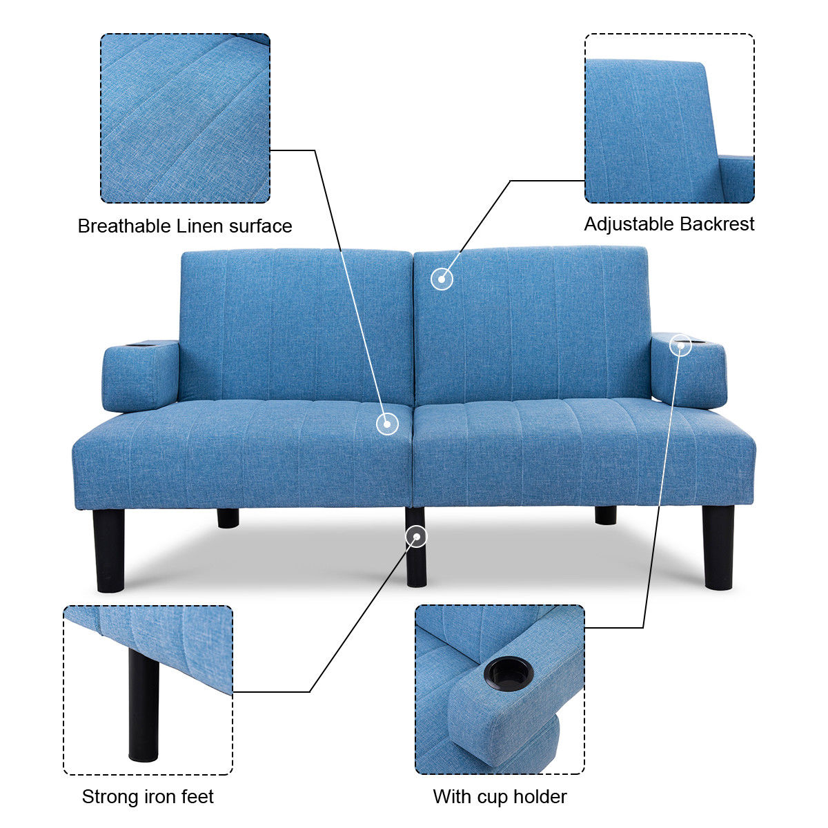 Futon Sofa Bed Convertible Linen Upholstered Split Back Lounge w/ Cup Holder Walmart Canada