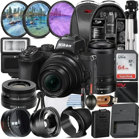 Nikon Z50 Mirrorless Camera with 50-250mm Lens + SanDisk 64GB Memory Card + Full Size Tripod + SV Premium Accessory Bundle (International Version)