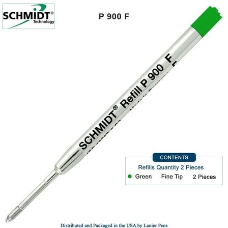 Schmidt P900 Green 2-Pack F Parker-Style Ballpoint Refill, 0.6mm Fine Tip Refill