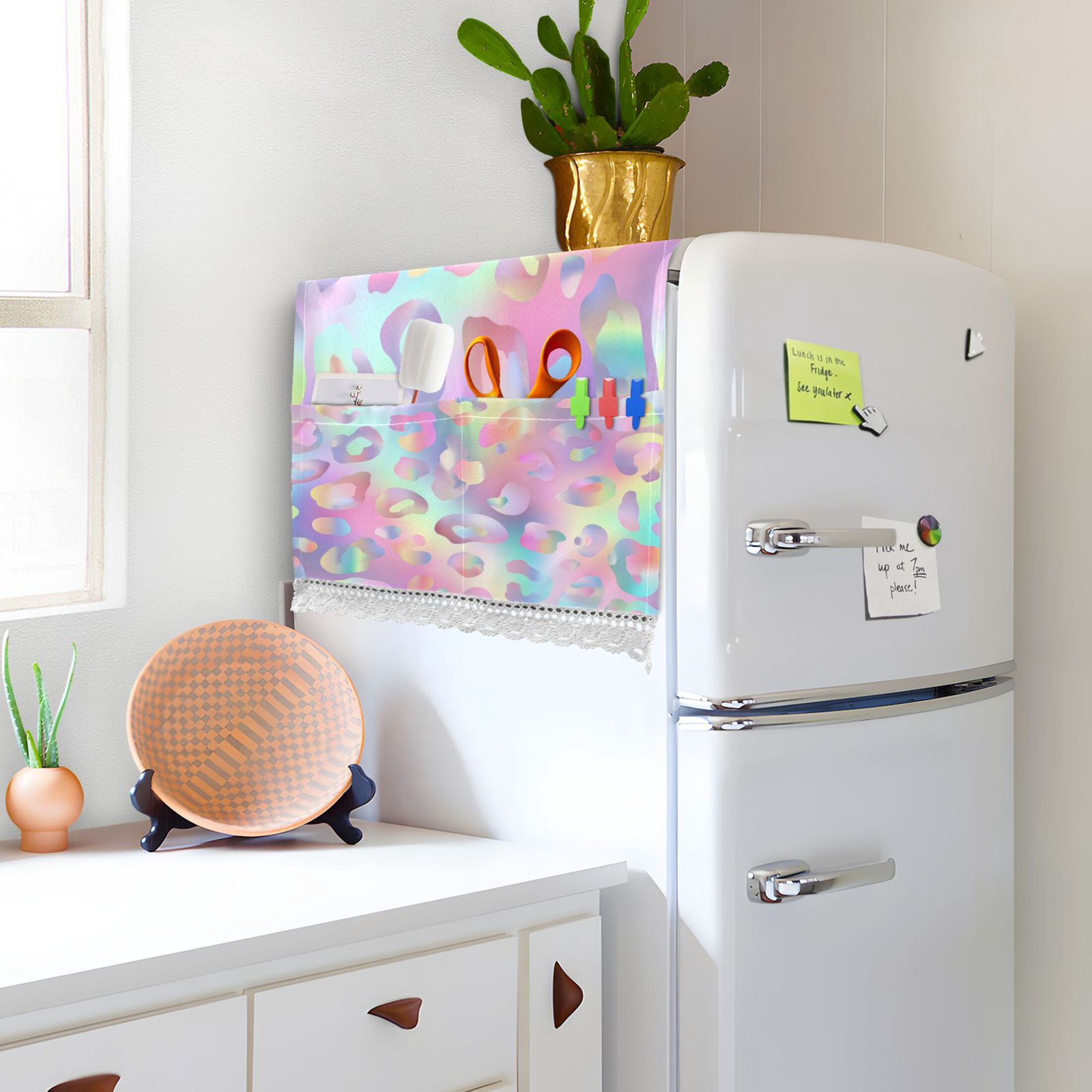 Washing Machine Cover 51.2x22in, Durable Polyester Dust Cover with Lace Trim and Side Pocket for Appliances Colorful Leopard Print