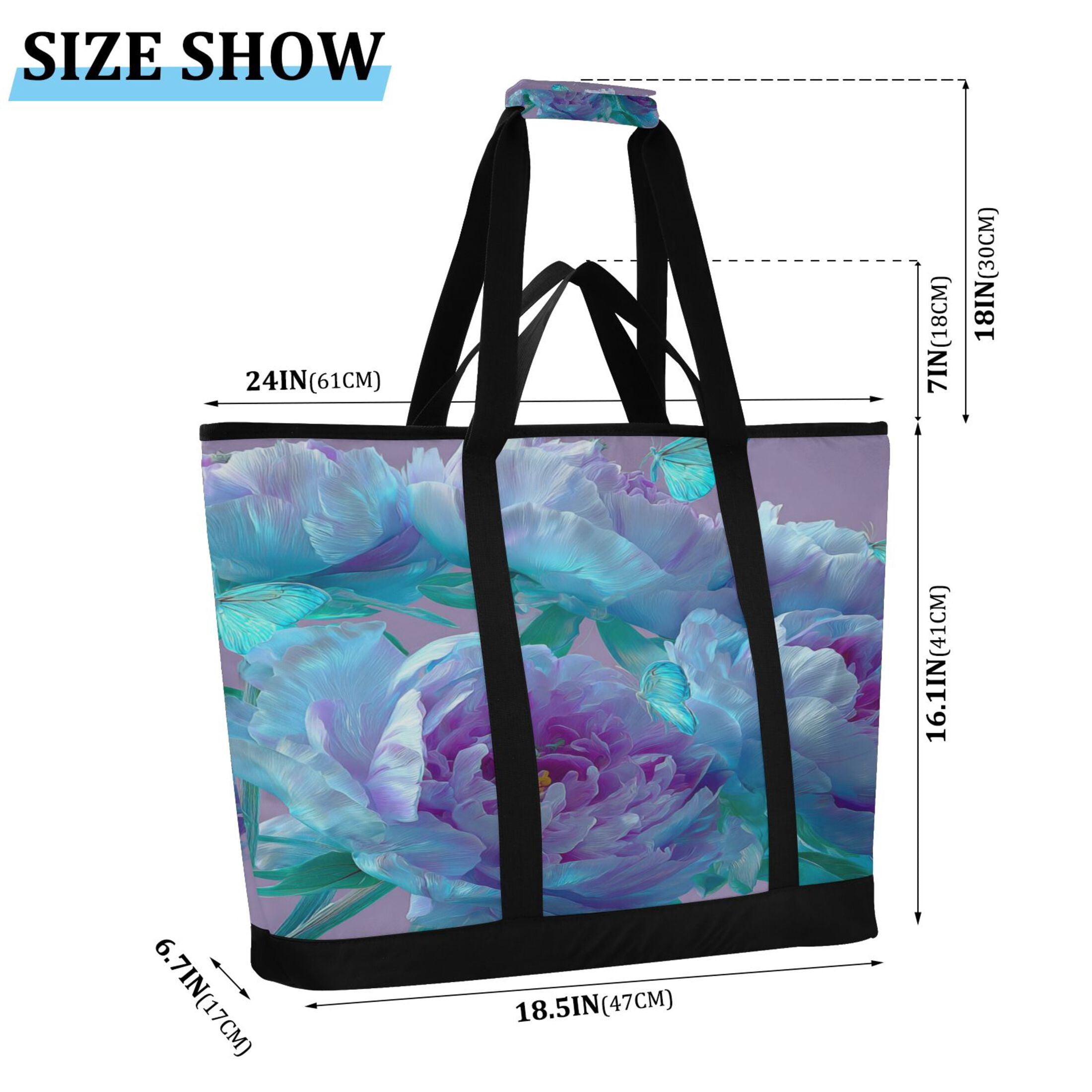 Large Hand-held Ice Pack Picnic Bag Insulation and Refrigeration Suitable for Shopping Picnics and Camping Purple Flower Butterfly
