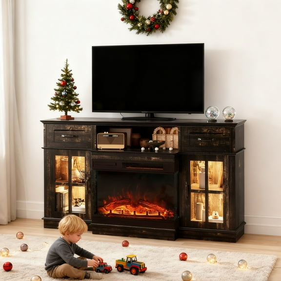 Ktaxon Mid-Century Fireplace TV Stand, LED Entertainment Center with Electric Fireplace Heating for 55/60/65 inches TVs, Rustic Brown