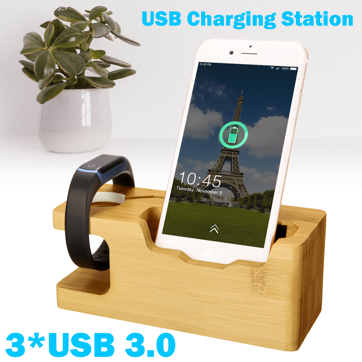 Usb Phone Charging Station Phone Stand Bamboo Wood Charging Dock Station With 3 Usb Charging Port For 38mm And 42mm Watch For Iphone 6 6 Plus 5s 5 7 7 Plus