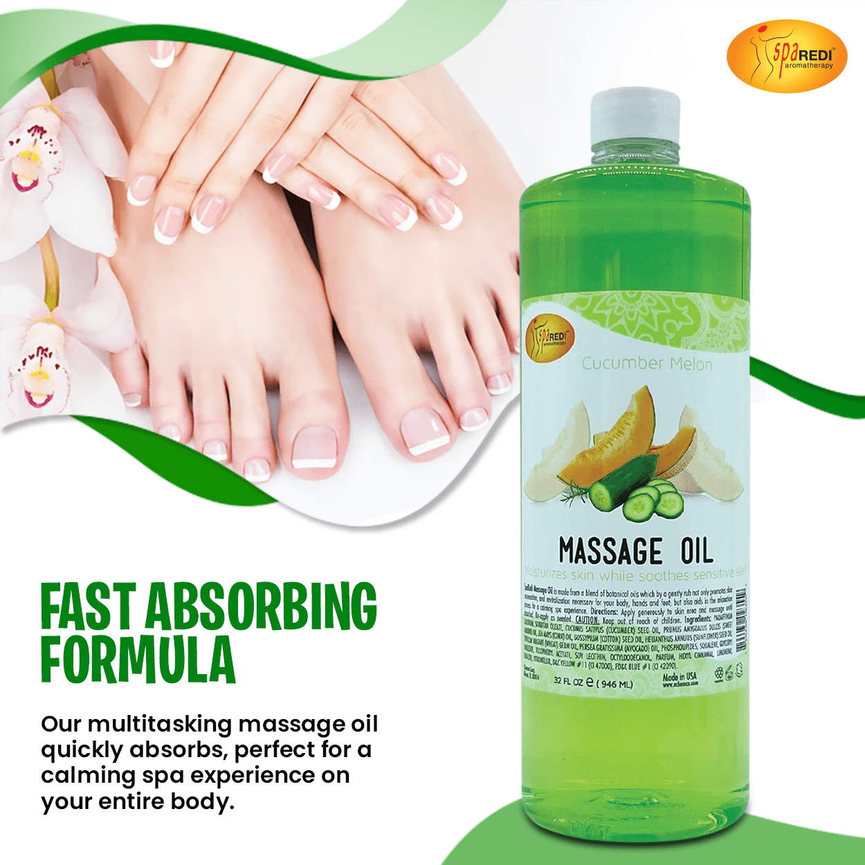 SPA REDI - Massage Oil, Cucumber Melon, 32 Oz - Professional Full Body Massage Therapy, Manicure, Pedicure - Relax Sore Muscles and Repair Dry Skin, Enhanced with High Absorption Oils and Vitamin E