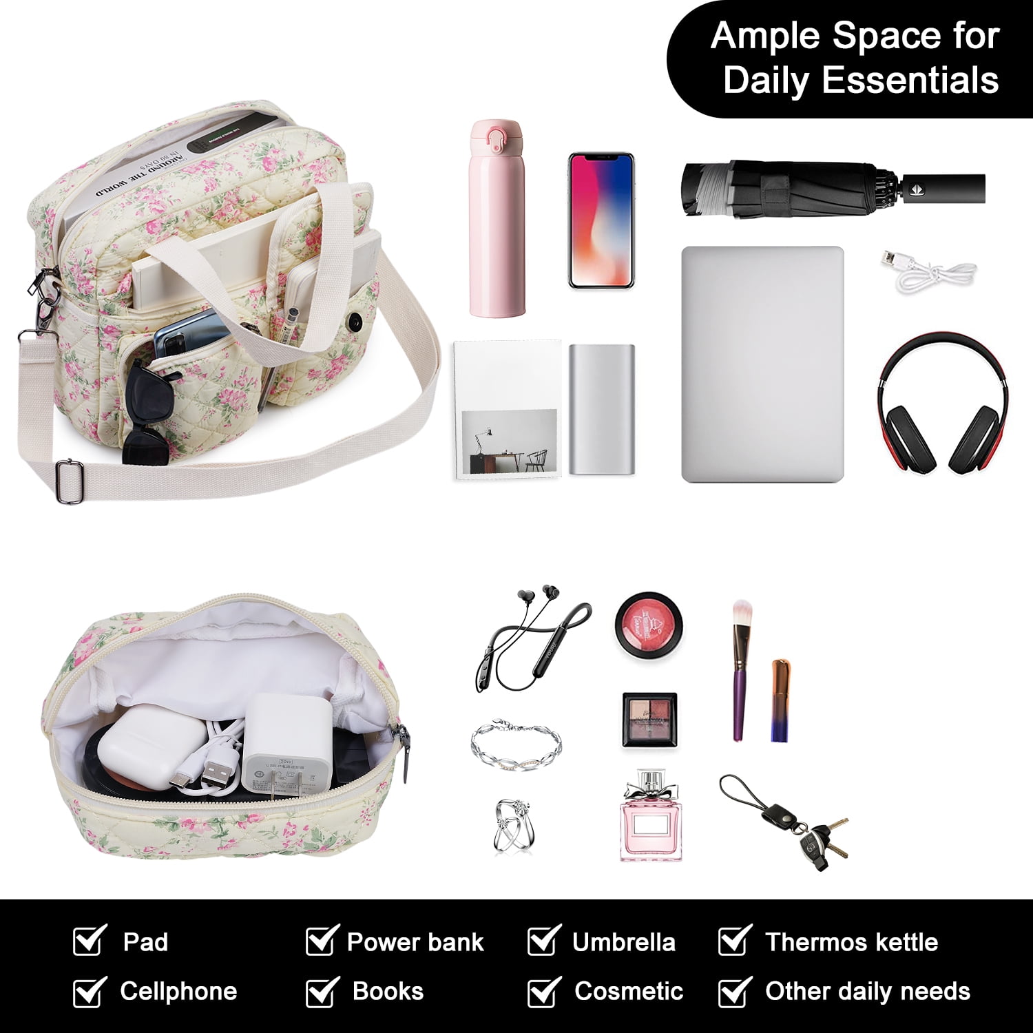 Small Floral Quilted Tote Bag 2-Pack for Women: Multi-Pocket Crossbody & Shoulder Bag for Everyday Use