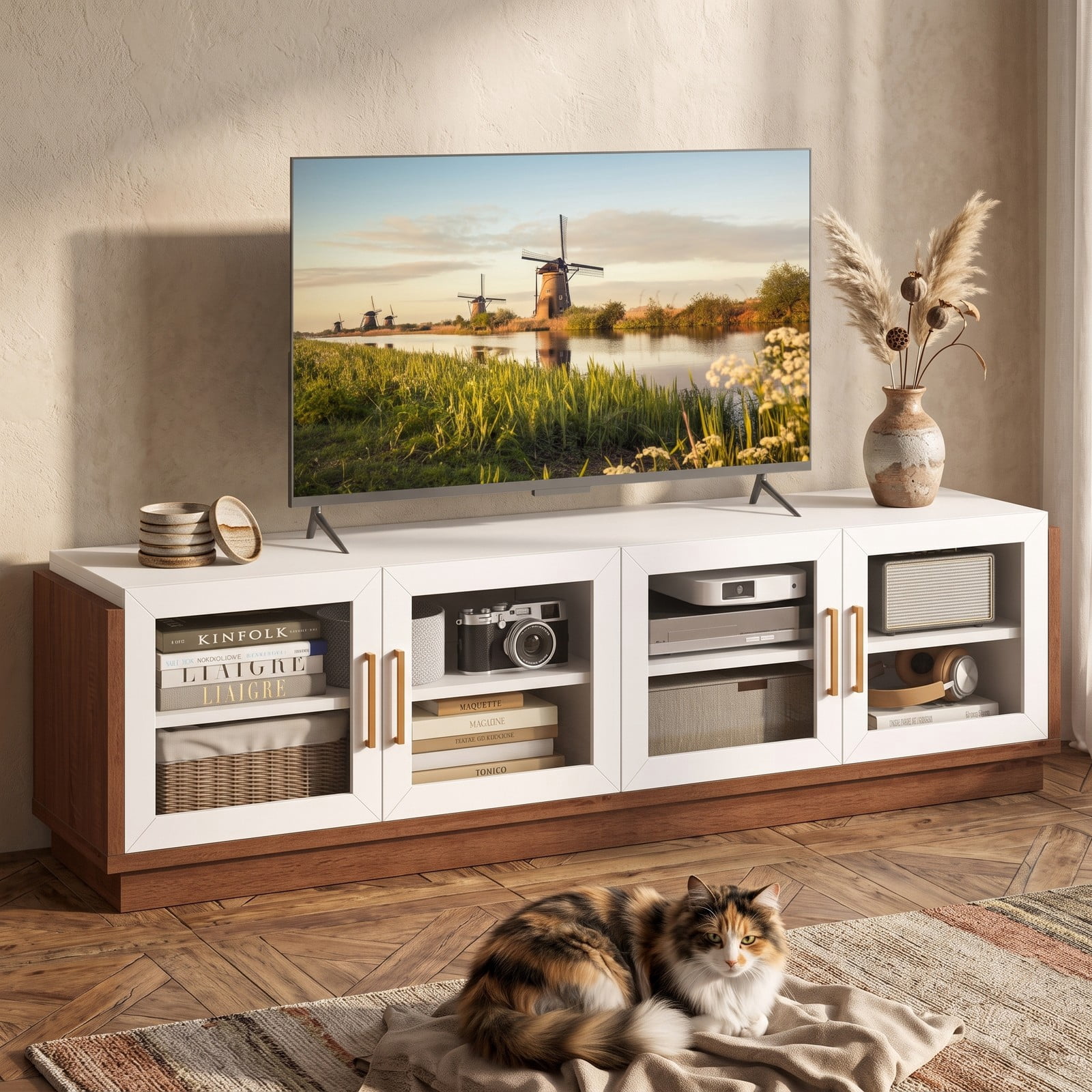 Furnibear Large TV Stand for TVs up to 75 Inch, Modern Entertainment Center with 4 Tempered Glass Doors, 2 Cabinets and Adjustable Shelves, Cable Management, White