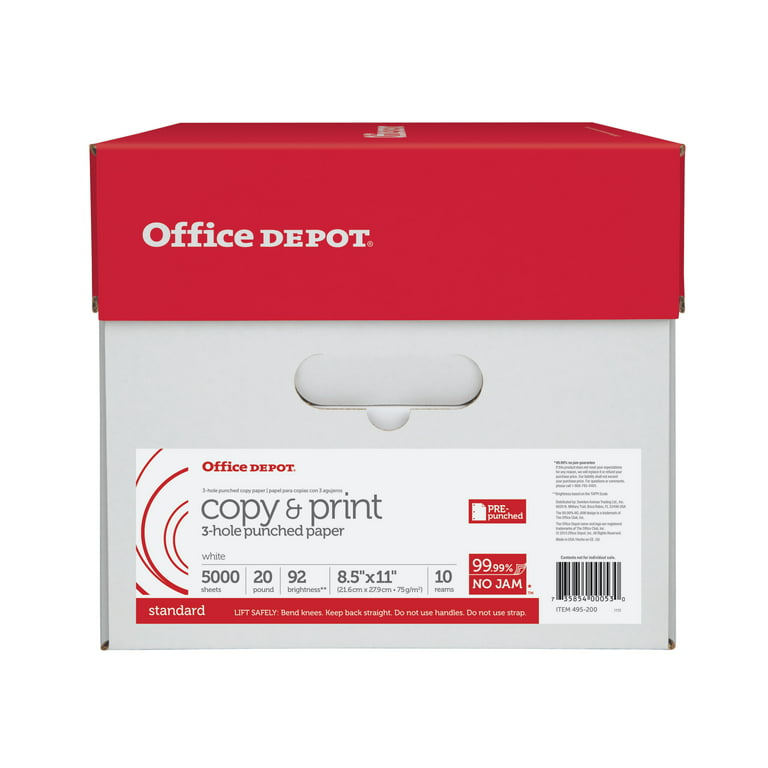 Office Depot Brand 3-Hole Punched Multi-Use Print & Copy Paper, Letter Size (8 1/2 inch x 11 inch), 92 (U.S.) Brightness, 20 lb, White, 500 Sheets per