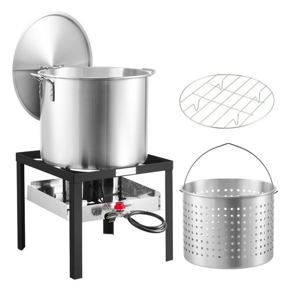 KFFKFF 80 Qt Seafood Cooking Set with Filter, Exterior Seafood Boil Container and Holder, Culinary Kit, Aluminum Soup Pot with 100,000 BTUs Propane Heater and Steam Grid