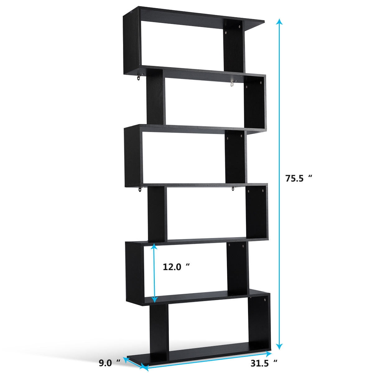 Gymax 6 Tier S-Shaped Bookcase Z-Shelf Style Storage Display Modern Bookshelf Black