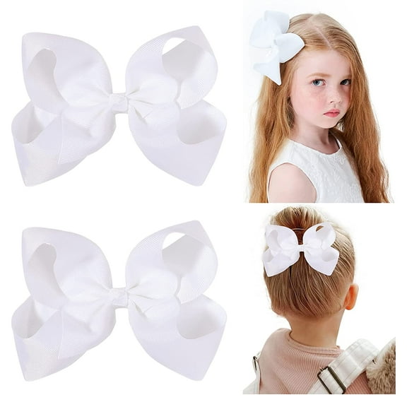2 PCS 6" Big Hair Bows for Girls Alligator Clips Grosgrain Ribbon Solid Color Hair Accessories for Little Teen Toddler Girls Kids-White