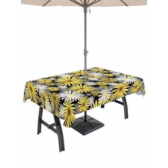 Outdoor Tablecloths with Umbrella Hole & Zipper, Farmhouse Daisy Rectangle Tablecloth 52x70 Inch, Spring Watercolor Yellow White Floral Waterproof Table Cloth, Patio/Pool/Picnic Table Covers
