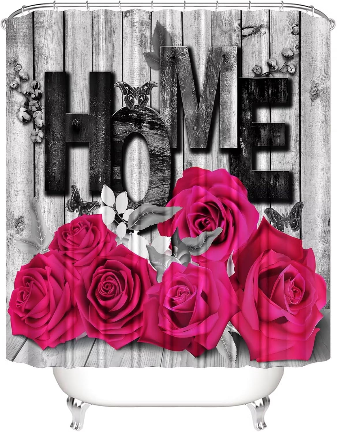 Red Rose 4 Pcs Shower Curtain Sets Non-Slip Rugs Bath Mat Toilet Cover U Shaped Mat Black Red Shower Curtain with 12 Hooks Red Rose Bathroom Set