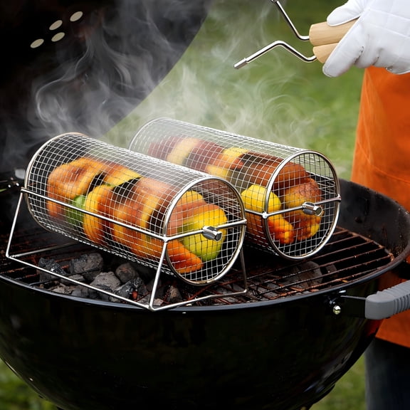 Rotating Grill Baskets, Stainless Steel Rolling BBQ Grill Basket for Vegetables and Shrimp, Outdoor Grilling Accessories