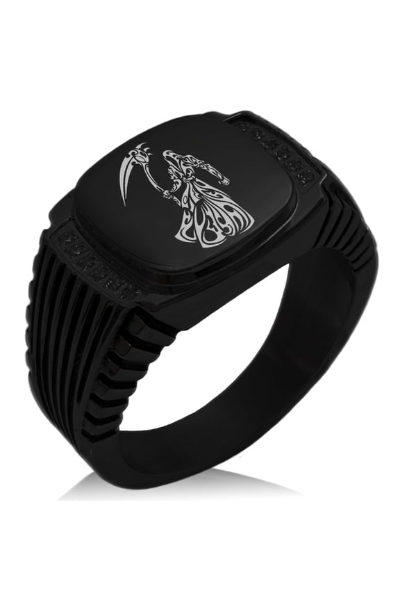 Stainless Steel Harbinger Grim Reaper CZ Ribbed Needle Stripe Pattern Biker Style Polished Ring