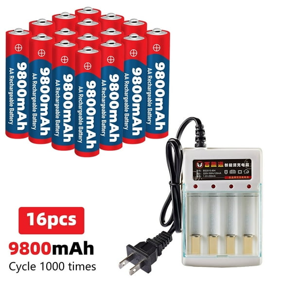 16 PCS AA Batteries, 1.5v 9800mAh Rechargeable Battery, High-Performance Double A Batteries with 4 Slots Battery Charger for Flashlight Toys Remote Control Clocks