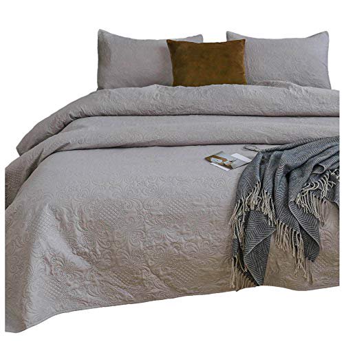 KASENTEX Coverlet Quilt Set-Pre Washed-Luxury Microfiber Soft Warm Bedding-Solid Colors Bedspread-Contemporary Floral Design (Taupe Grey, King + 2 Shams)