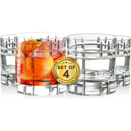 Barski Whiskey Glasses - Double Old Fashioned Rocks Glass - Set of 4 Lowball Tumbler - DOF Crystal Glass Tumblers - For Scotch - Bourbon - Water - Beverage - Drinking Glasses - 11 oz - Made in Europe