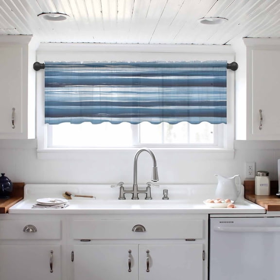 Navy Blue Ombre Valance Curtains for Kitchen/Living Room/Bathroom/Bedroom Window, Modern Oil Painting Waves Abstract Rod Pocket Small Topper Half Short Window Curtains Voile Sheer Scarf 42"x18"