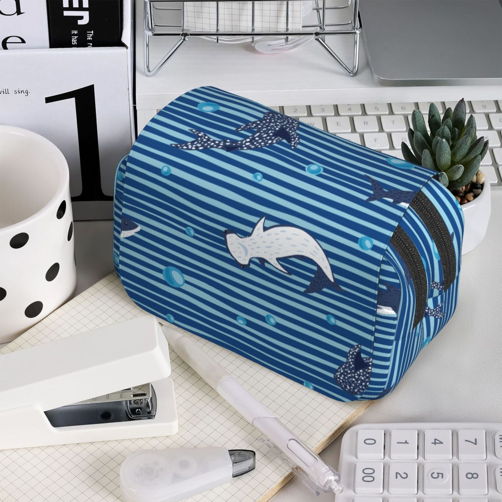 Rateoe Sharks on White Blue Striped Pattern Double Clamshell Pen Case, Storage Organizer with Two Zipper Compartments– Holds Up to 50 Pencils & Pens