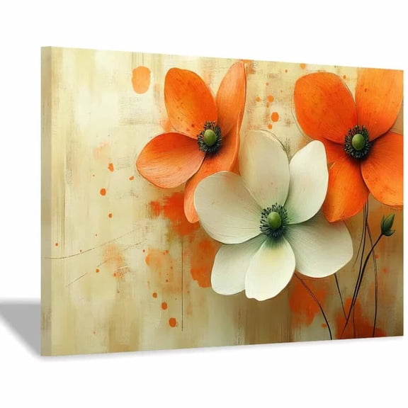 Mudket Orange White Flower Canvas Wall Art, Minimalist Floral Wall Decor, Framed Abstract Botanical Artwork for Bedroom Living Room Bathroom, Ready to Hang Colorful Flower Print - 12"L x 8"W