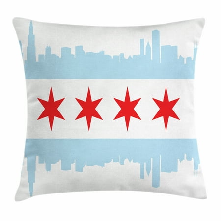 Rise Against Flag - Chicago Skyline Throw Pillow Cushion Cover, City of Chicago Flag with High Rise Buildings Scenery National, Decorative Square Accent Pillow Case, 18 X 18 Inches, Red White Baby Blue, by Ambesonne