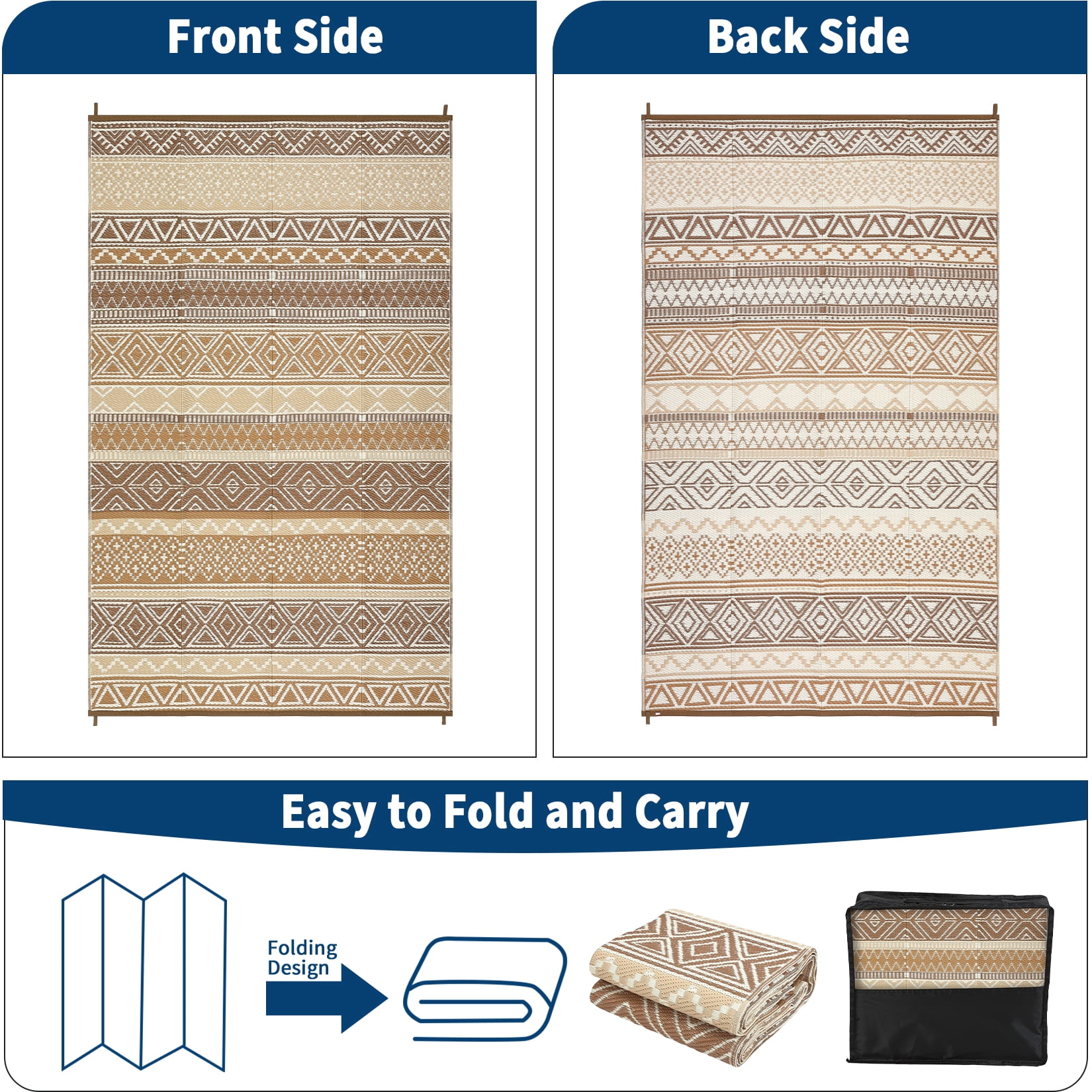 HIWEAVER 10' x 14' Camel Outdoor Rug PP Plastic Straw Woven Waterproof Patio Rug with Border Portable Outside Carpet for Balcony Deck Picnic Garden Decor