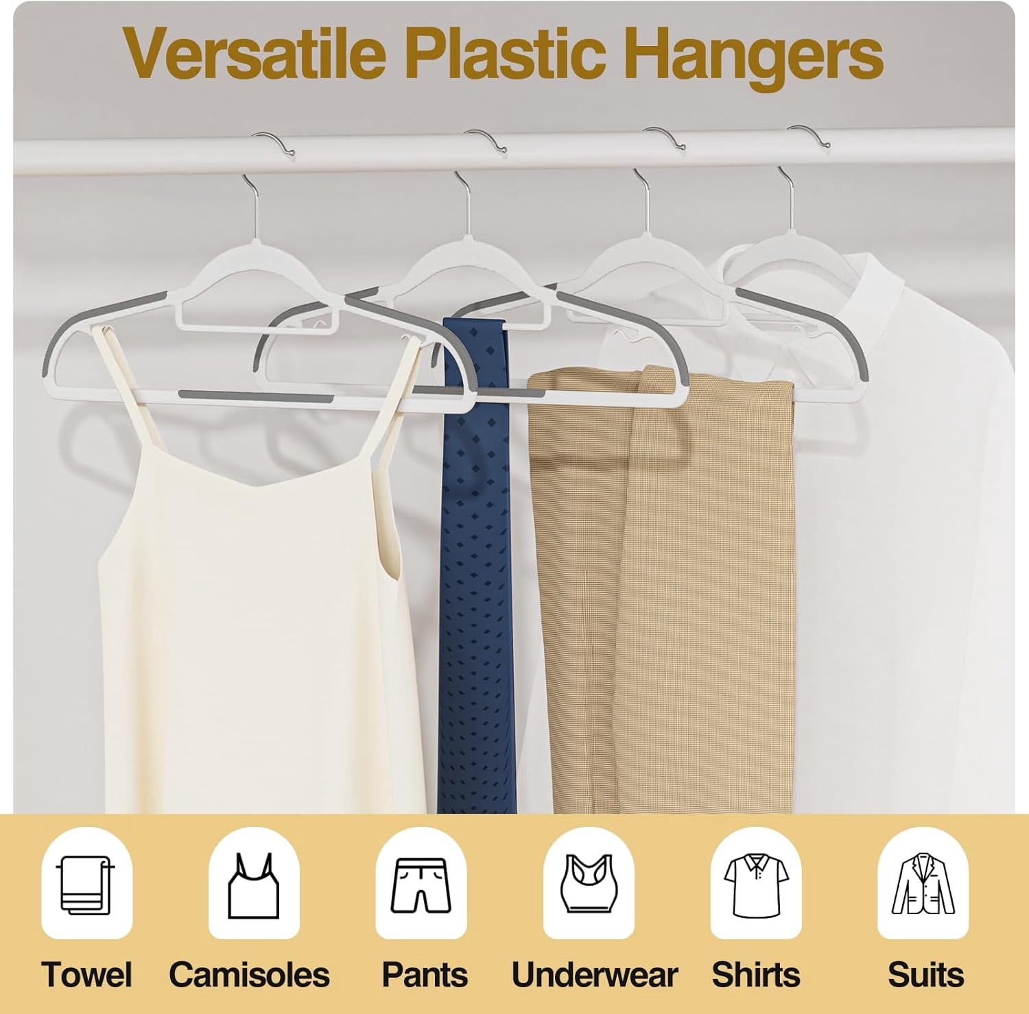 UEAKPIC Plastic Hangers 50 Pack, Heavy Duty Clothes Hangers with 360° Swivel Hook, Non-Slip, Space-Saving, White & Dark Gray