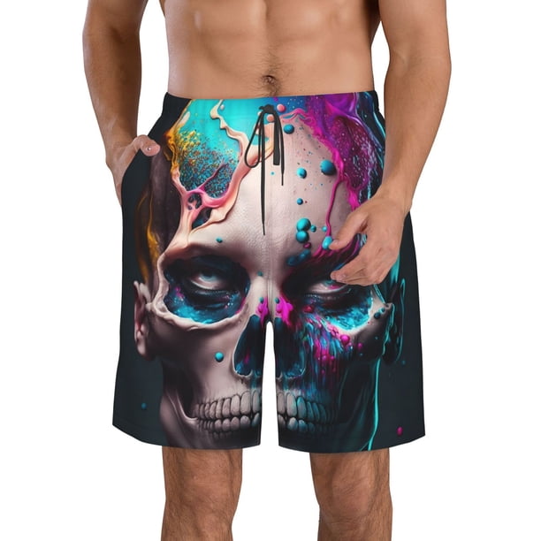 Balery Modern Abstract Colorful Skull B Traje de Baño Estilo Hawaiano para Hombre, Shorts de Secado Rápido con Bolsillos-Medium