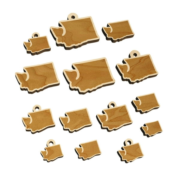 Washington State Silhouette Wood Mini Charms Shapes DIY Craft Jewelry - With Hole - Various Sizes (16pcs)