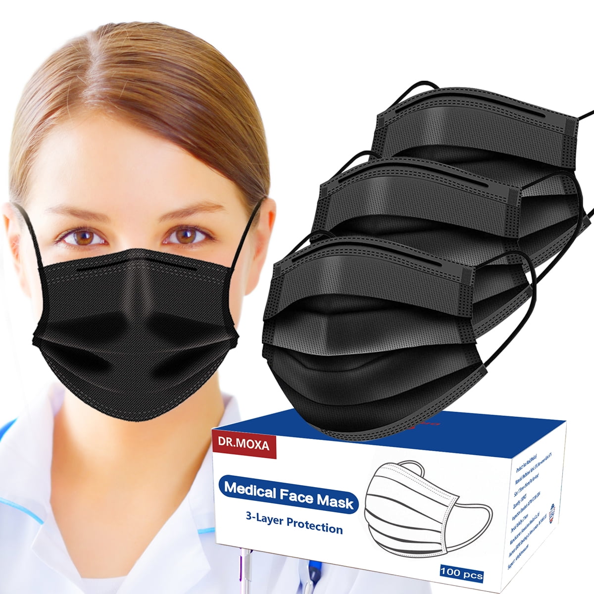 100 Pack USA Made Disposable Face Masks Black, 3 Ply Breathable