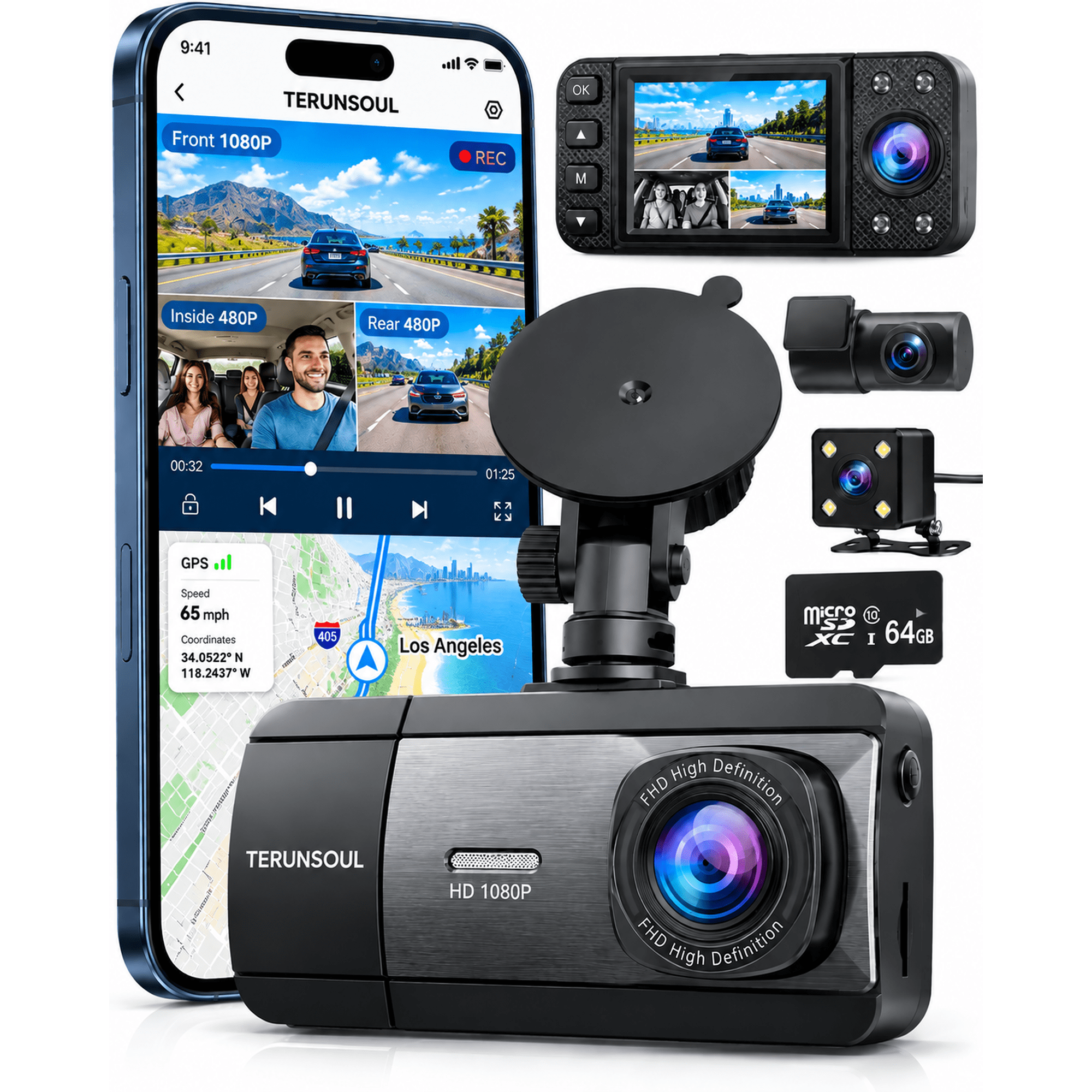 TERUNSOUL Dash Cam Front and Rear, 1080P Dash Camera for Cars, 3 Channel Car Camera Front Rear and Inside with 64GB Card, Loop Recording, Night Vision, HDR, 24Hr Parking, G-Sensor