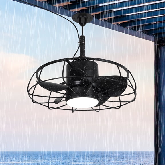 Parrot Uncle 20" Modern Black IP65 Outdoor Caged Plug-in LED Ceiling Fan with Remote Control